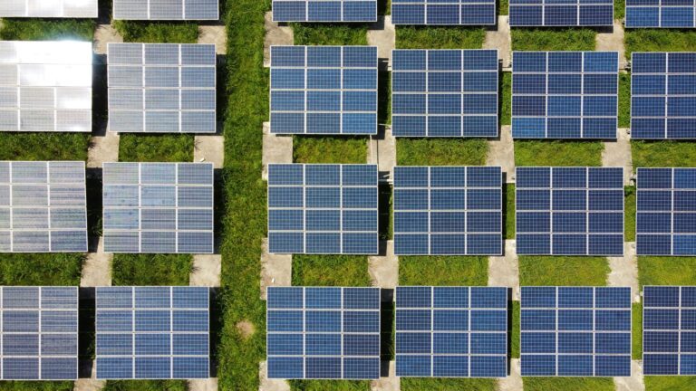 An overhead view of a grid of solar panels amidst lush green strips of grass.