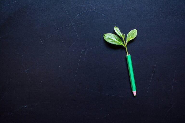 Branches of green leaves grow out of pencil on a textural dark background.