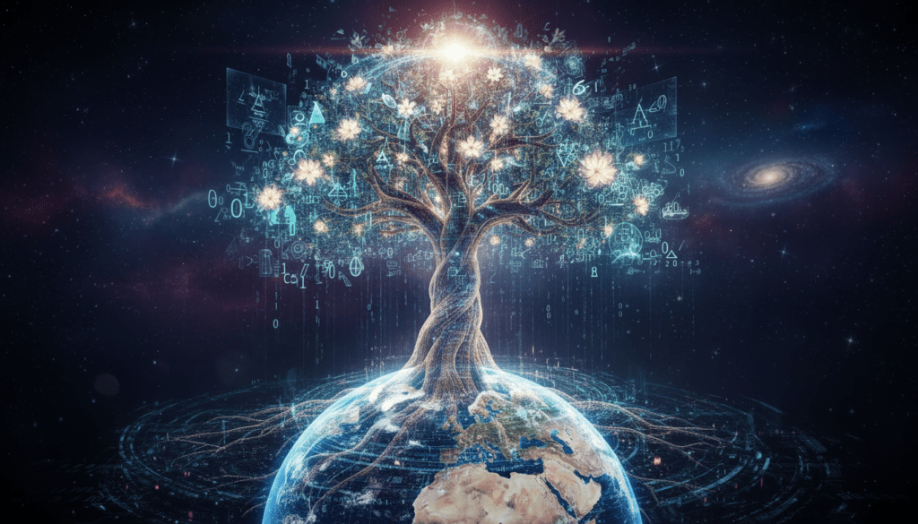 Glowing tree of light growing from the Earth in space, its branches interwoven with digital symbols, equations, and data streams, evoking the connection between technology, knowledge, and planetary sustainability.